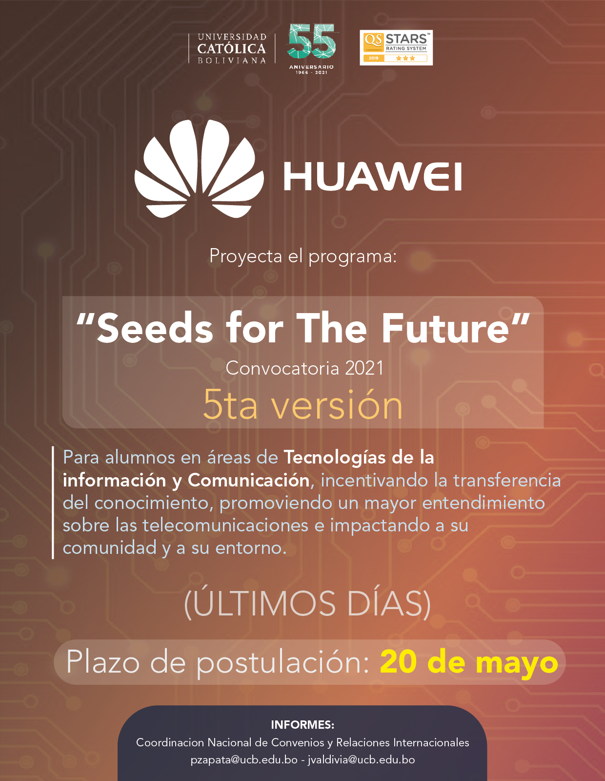 ÚLTIMOS DÍAS PARA POSTULAR   Huawei abre la Convocatoria 2021 del Programa   “SEEDS FOR THE FUTURE”