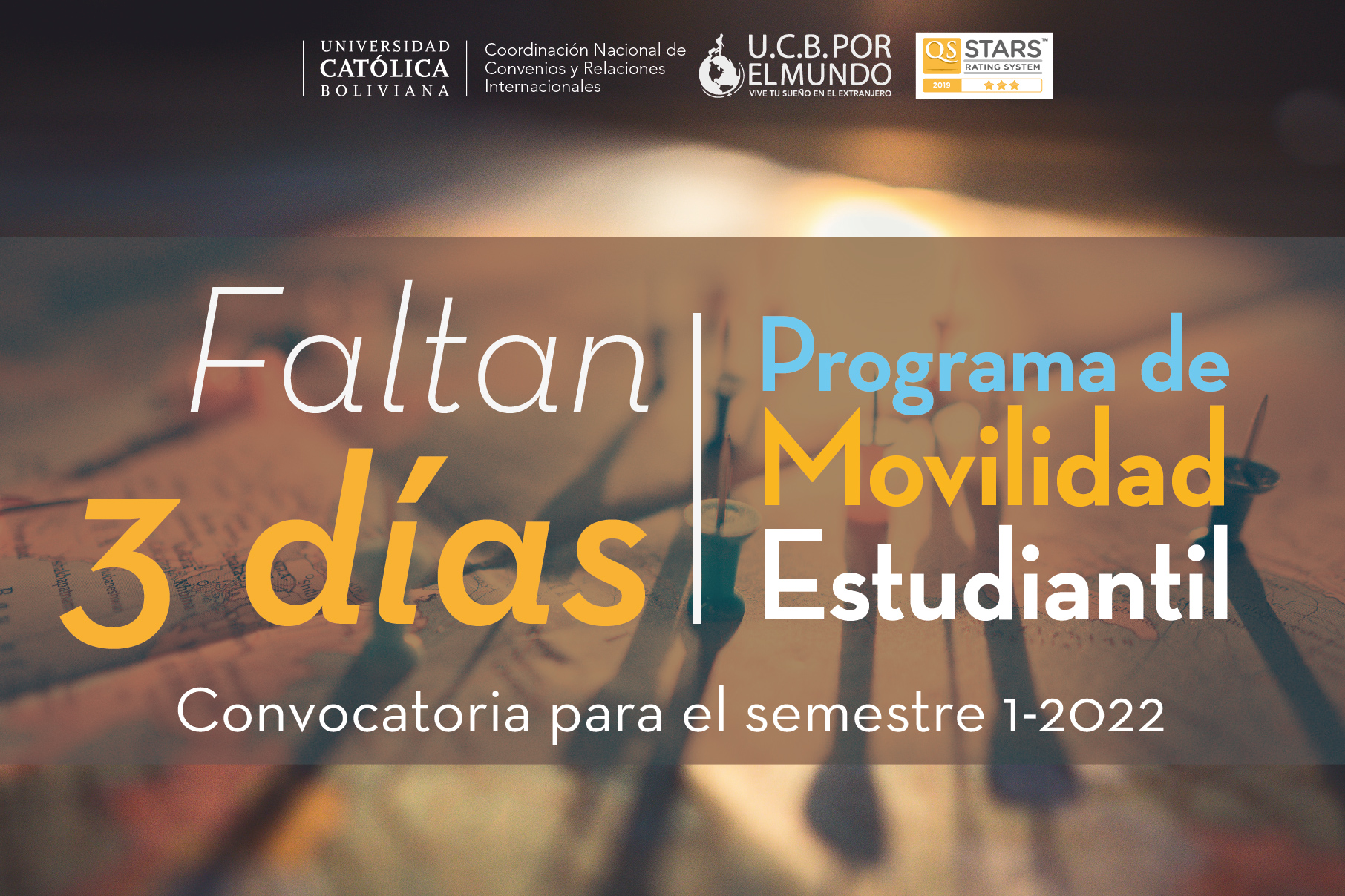 ¡ATENCIÓN ESTUDIANTES UCB!  Este viernes 20 de agosto publicaremos la convocatoria del Programa de Movilidad Estudiantil UCB por el Mundo para el Semestre 1-2022.