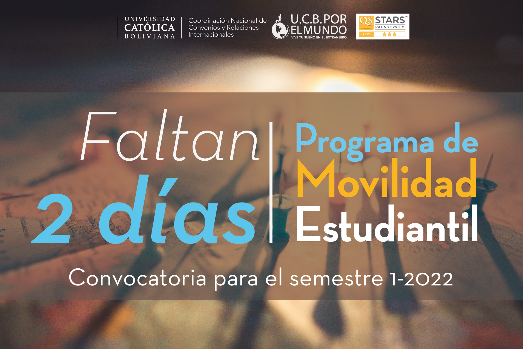 ¡ATENCIÓN ESTUDIANTES UCB!   Este viernes 20 de agosto publicaremos la convocatoria del Programa de Movilidad Estudiantil UCB por el Mundo para el Semestre 1-2022.