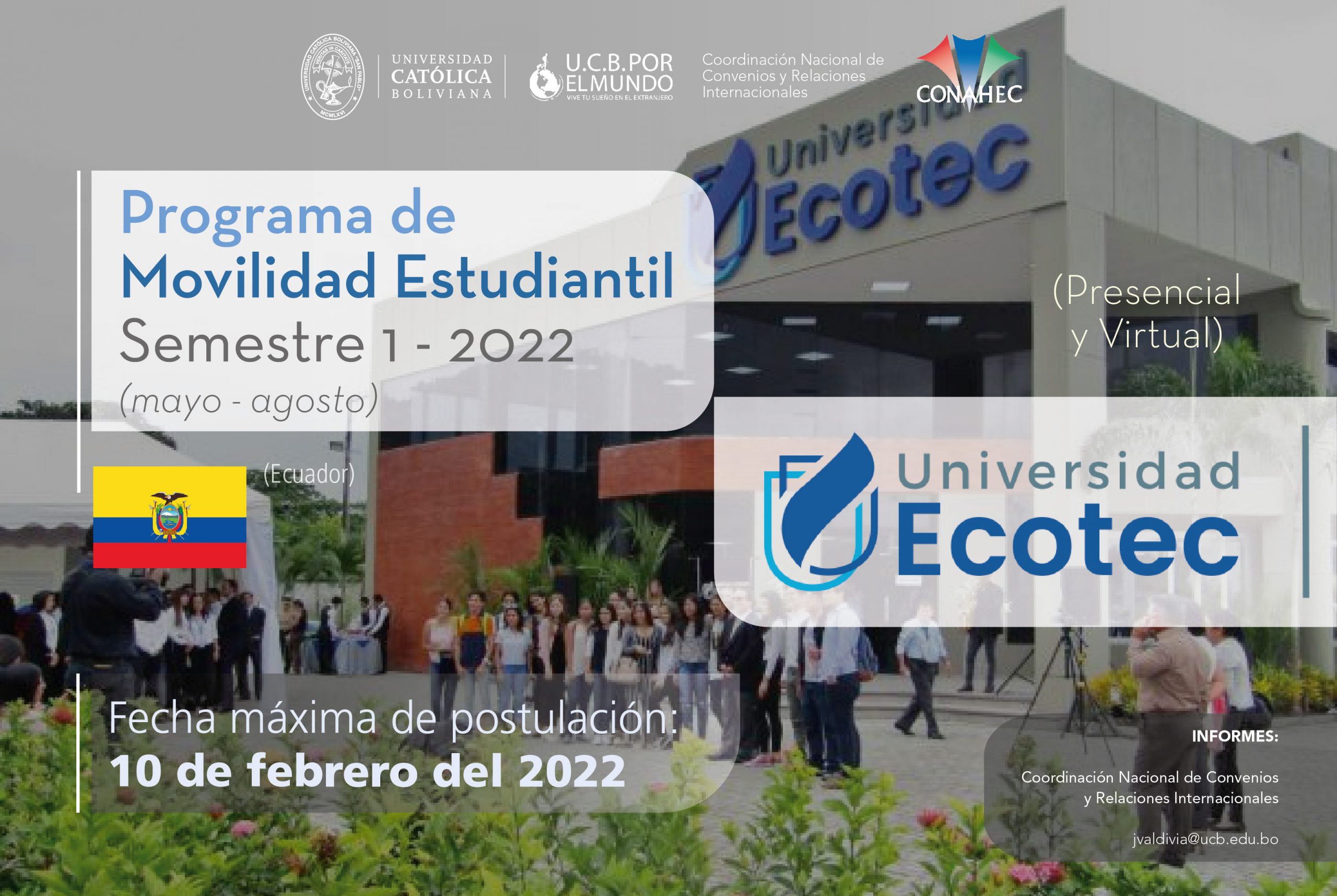 La Universidad Ecotec del Ecuador cuenta con cupos para este semestre 1-2022 bajo el Programa de Movilidad Estudiantil UCB por el Mundo bajo la modalidad virtual y presencial.