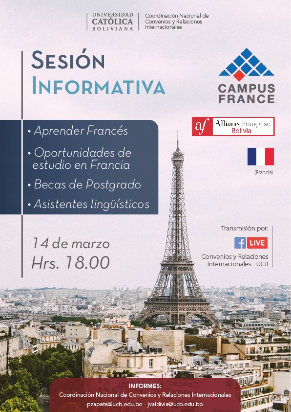 ¡Encuentro entre las Alianzas Francesas, Campus France y la UCB el lunes 14 de marzo en el contexto del mes de la francofonía!