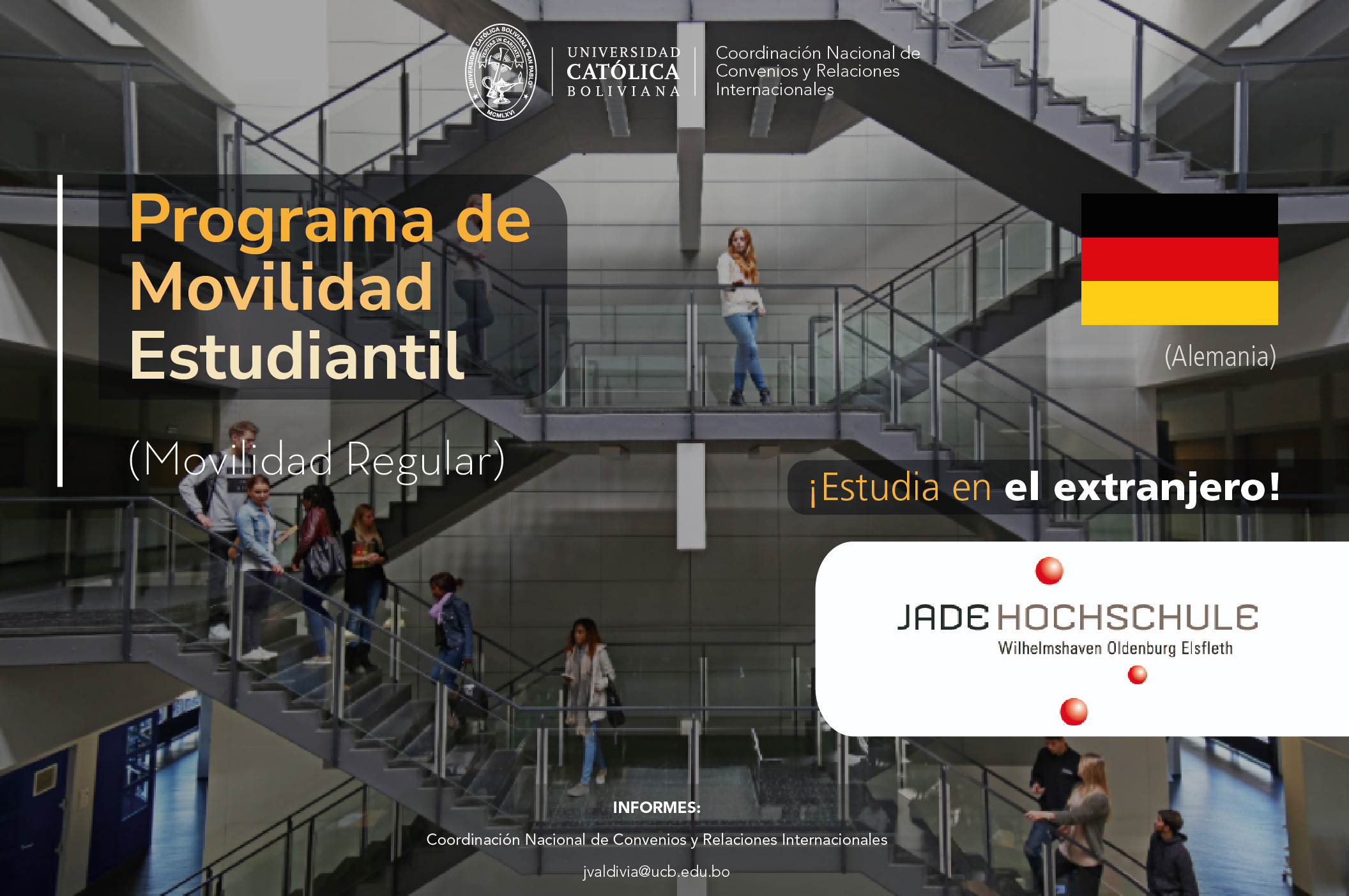 ¡El Programa de Movilidad Estudiantil UCB por el Mundo está con la convocatoria abierta para el 1-2024! La Universidad de Jade en Alemania. se encuentra disponible en la convocatoria bajo el programa de Movilidad Regular. Revisa la convocatoria para mayor información.